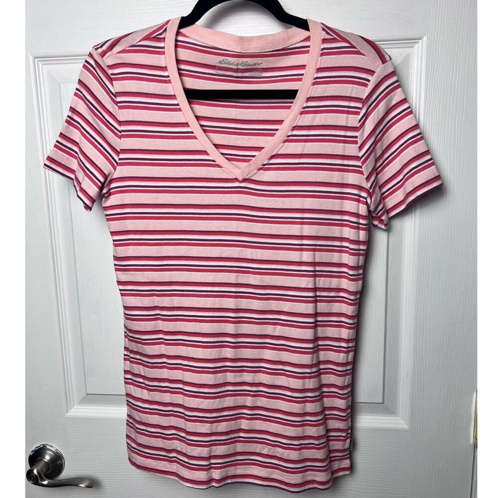 Eddie Bauer Pink Striped V-Neck Short Sleeve T-Shirt Women's Size Large